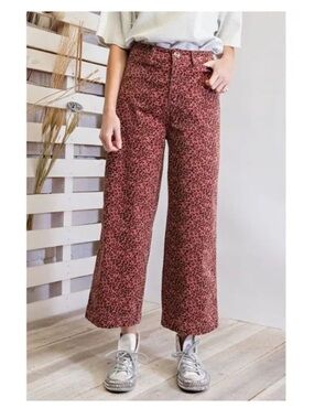 Easel Mauve Leopard Printed Corduroy Ankle Length Straight Wide Legs Pants